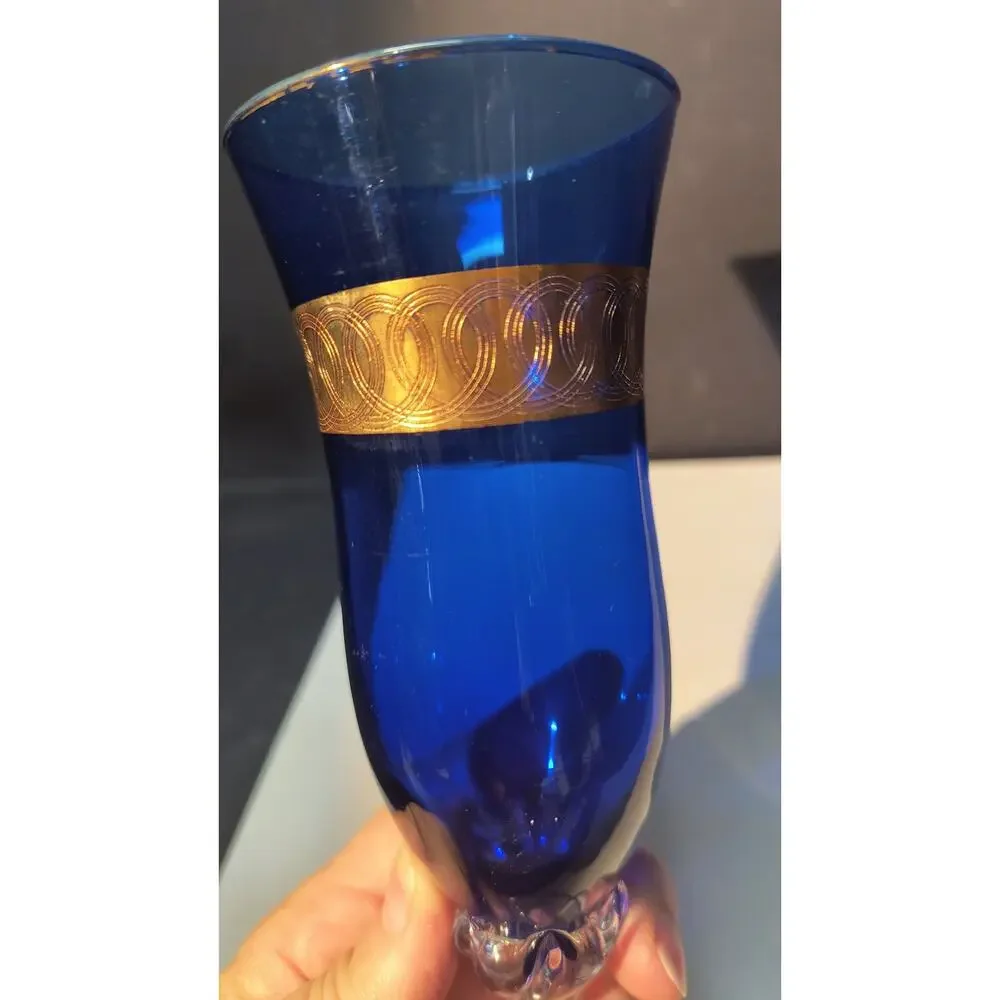 1027.  Vintage Cobalt Blue Bohemian Stemware 24K Gold Band